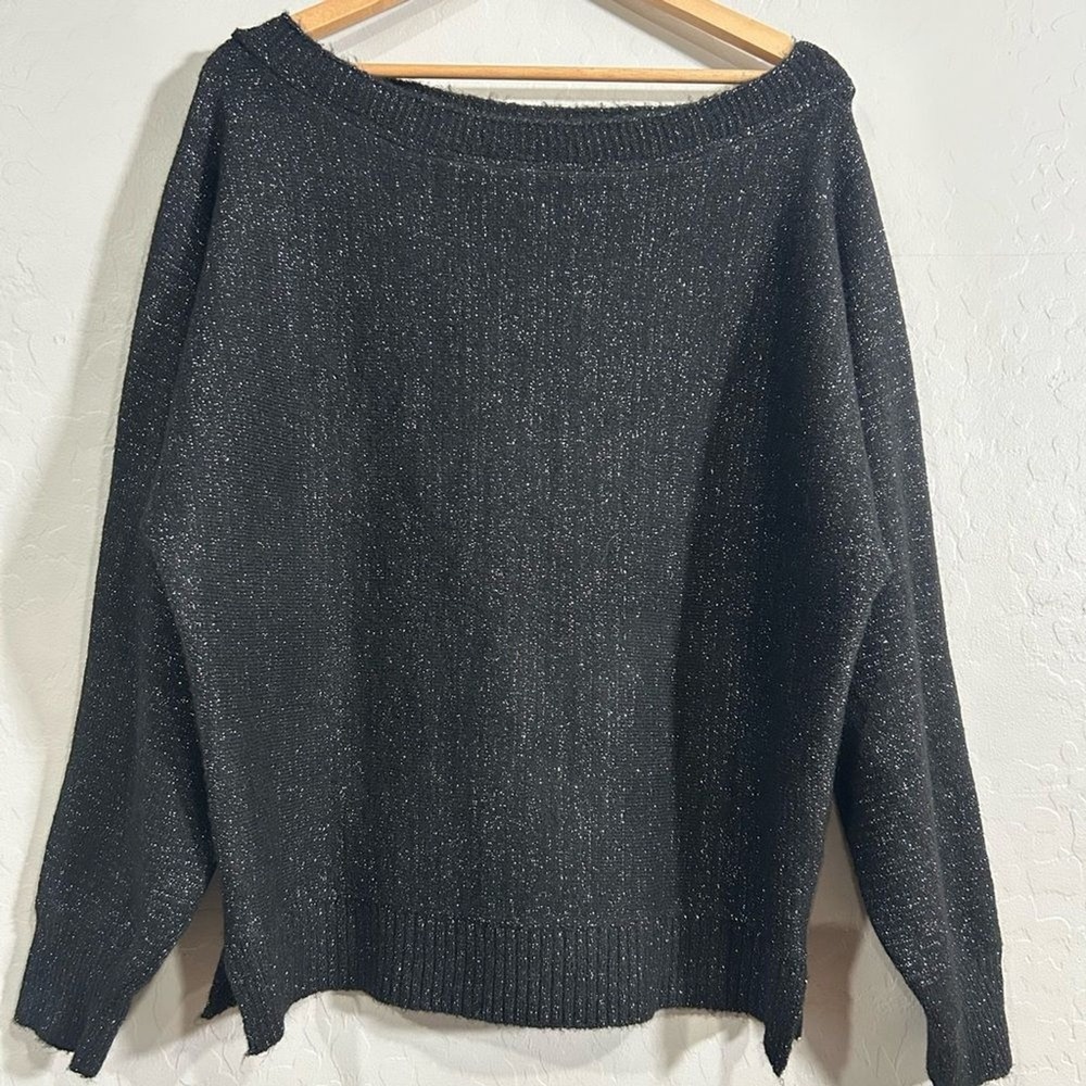 Lulus Womens Large Black Metallic Shimmer Boatneck Oversized Knit Sweater NEW